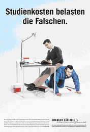 Studienkosten belasten die Falschen. Zu sehen: Student der auf einem Mann im Blaumann am Schreibtisch sitzt. INSM Propaganda
